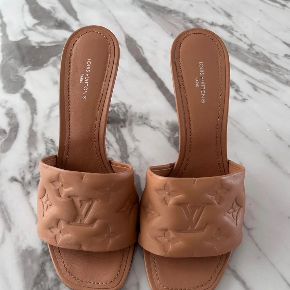 Louis Vuitton Tan Monogram Embossed Leather Slide Mules